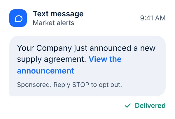 A text message announcing a company update, marked sponsored, with a reply STOP opt-out line